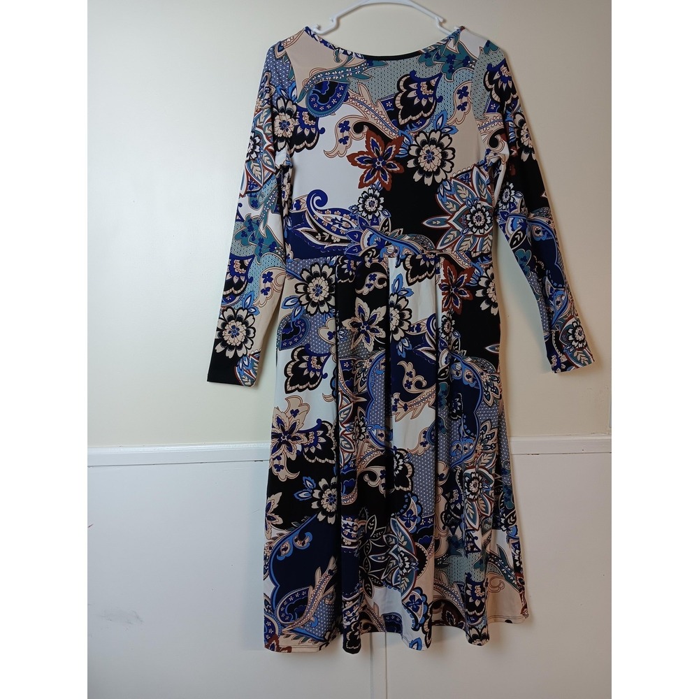 24seven Dress Womens M Multicolor Fit & Flare Midi Dress Long Sleeve Stretch